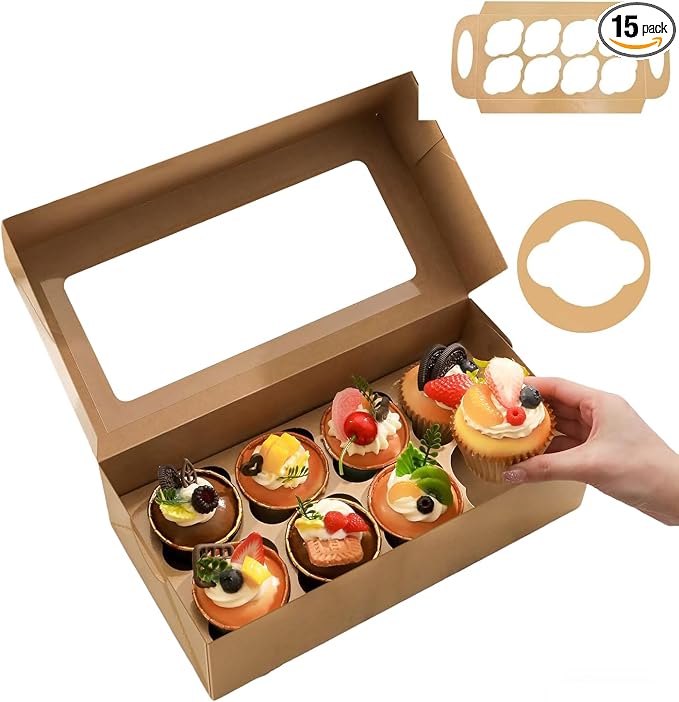 15 Cupcake Boxes 8 Count with Window and Inserts, Kraft Cupcake Containers, Cupcake Boxes for Cupcakes, Muffins, Cookies, Desserts