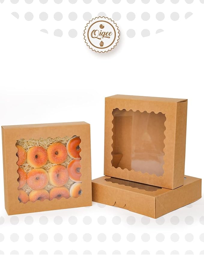 qiqee Auto-pop Up 30pcs Pie Box With Window 9x9x2.5 Inch Donut Pastry Boxes Brown Bakery Box