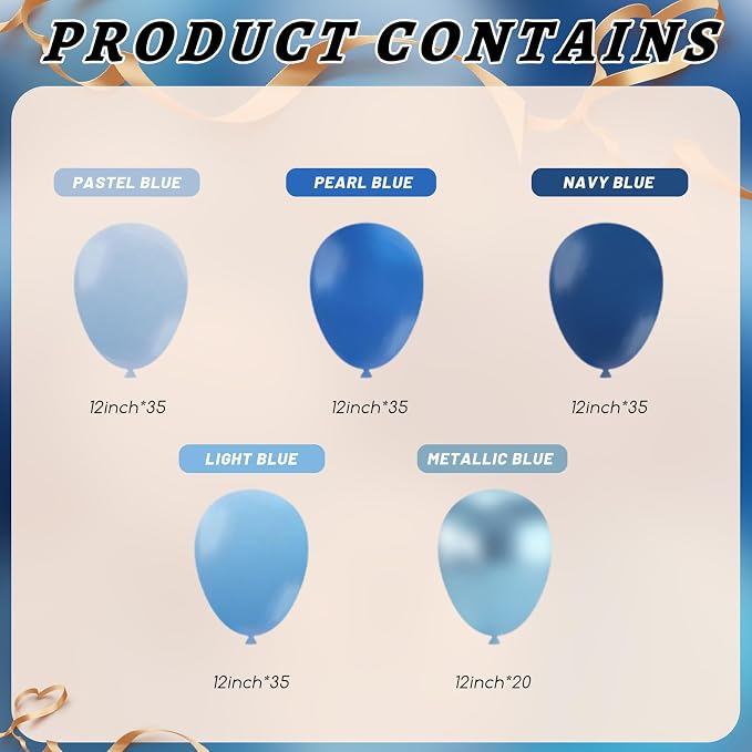 160Pcs 12 Inch Metallic Blue Balloons Chrome Navy Pearl Pastel Macaron Light Blue Latex Balloons for Birthday Wedding Baby Shower Graduation Party Decorations