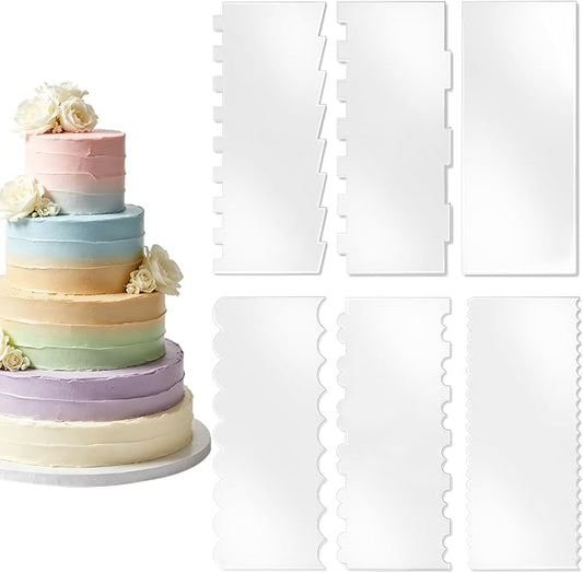 LNAUJS 6-Piece Clear Acrylic Cake Scraper Set – Icing Smoother & Edge Comb for Buttercream Frosting, Cake Decorating Supplies, Mousse, and DIY Baking Tools
