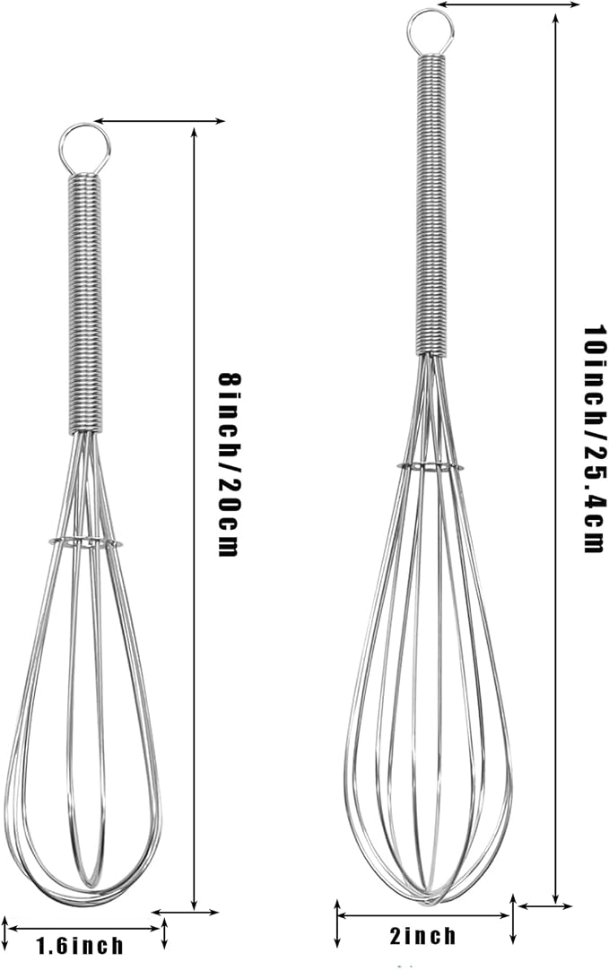 Digead Mini Wire Whisk, 2 Pack - 8 & 10 Inch Small Whisk for Cooking - Ergonomic Spiral Handle, 304 Stainless Steel - Lightweight Mixing Tool for Whisking, Beating, Blending & Mixing Sauces - Silver