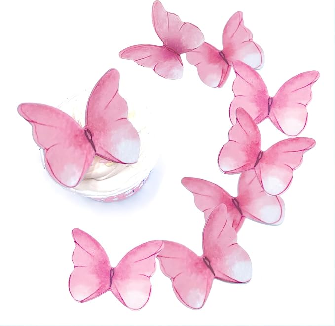 52 pieces edible wafer paper butterfly cake decoration, suitable for weddings, birthdays, Christmas parties to decorate cookies, donuts, cocktails, cupcake tops (Watercolor pink)