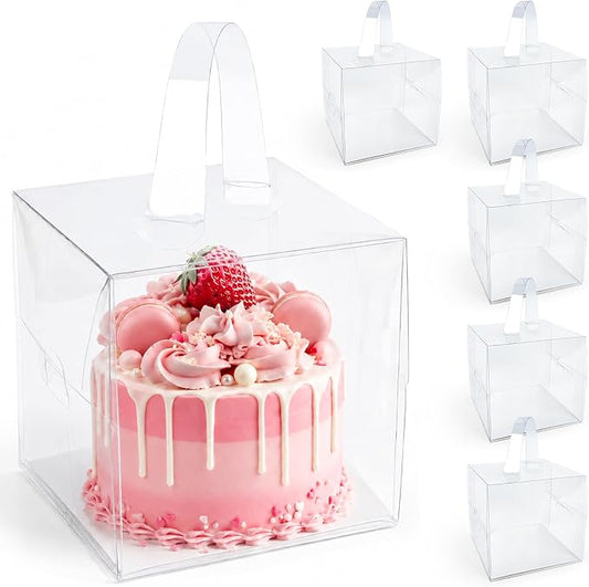 6PCS 6x6x5Inch Clear Cake Boxes - RAINFLOW Mini Clear Gift Box with Portable Carry Handle & Boards,Transparent Treat Boxes Hold Cake,Donut,Pastries,Cookies for Wedding, Birthday, Christmas, Party