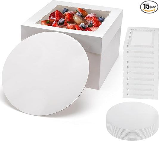 15Pcs 10x10x8 Inch Tall Cake Boxes with Clear Window & Cake Boards - Sturdy White Bakery Boxes with Scalloped Edge for Layer, Wedding, Birthday Cakes - Secure Transport for Professional & Home Bakers