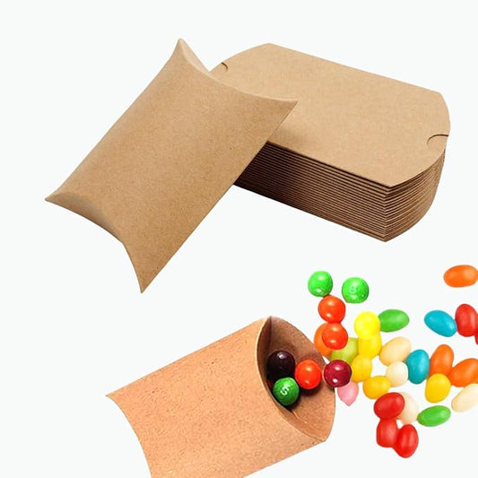 50 Pcs Kraft Paper Pillow Gift Boxes,3.5x2.6 Inch Mini Folding Treat Boxes, Creative Favor Box Folding Treat Boxes for Bakery, Candy, Jewelry, Wedding & Party Favors((Yellow-1)