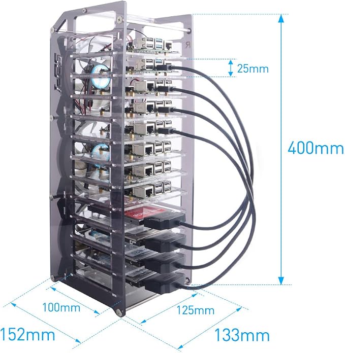 GeeekPi Cluster Case for Raspberry Pi - Stackable 12-Layer Rack With Cooling Fan 120mm RGB LED 5V for Raspberry Pi 4B/3B+/3B/2B/B+ and Jetson Nano