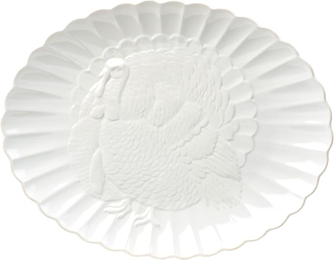 Lenox Serveware, Lenox French Perle Carved Turkey Platter, Scalloped, Oval, 18-Inch, Stoneware, Dishwasher Safe, Turkey Platter for Thanksgiving, Winter Hosting, Christmas Serving (White, 1 Piece)