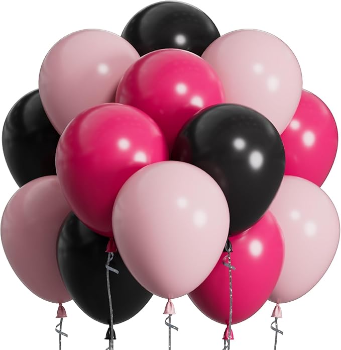 SUWEN Hot Pink and Black Balloons, 60Pcs 12inch Hot Light Pink and Black Latex Balloons Kit for Women Birthday Anniversary Party Decoration