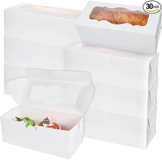 30Pcs White Bakery Boxes with Window 9x4x3.5 Inch Cookie Boxes for Roll Cakes, Desserts, Muffins, Donuts, Candies, and Pastries, Perfect for Weddings, Parties, and Gifts