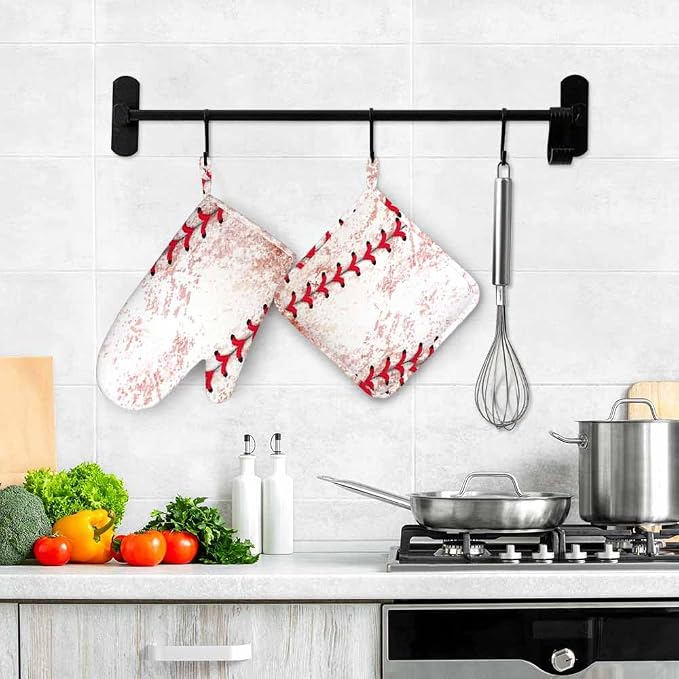 Mxocom Baseball Background Silicone Oven Mitts and Pot Holders Sets BBQ Gloves for Kitchen,Cooking,Baking,Grilling