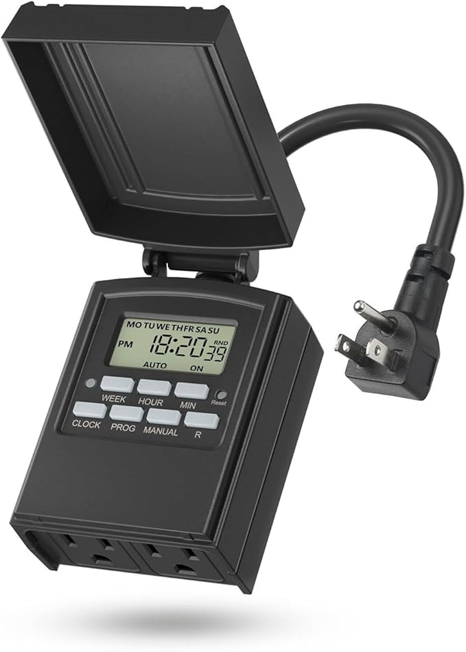 BN-LINK 7 Day Outdoor Heavy Duty Digital Programmable Timer, Outdoor Timer Outlet Waterproof, 2 Grounded Electrical Outlets for Christmas Lights, 15A 1/2HP,ETL Listed