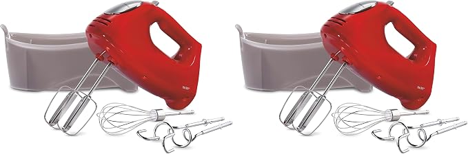 Hamilton Beach 6-Speed Electric Hand Mixer with Whisk,Traditional Beaters,Dough Hooks,Snap-On Storage Case,275 Watts,Red,(Pack of 2)