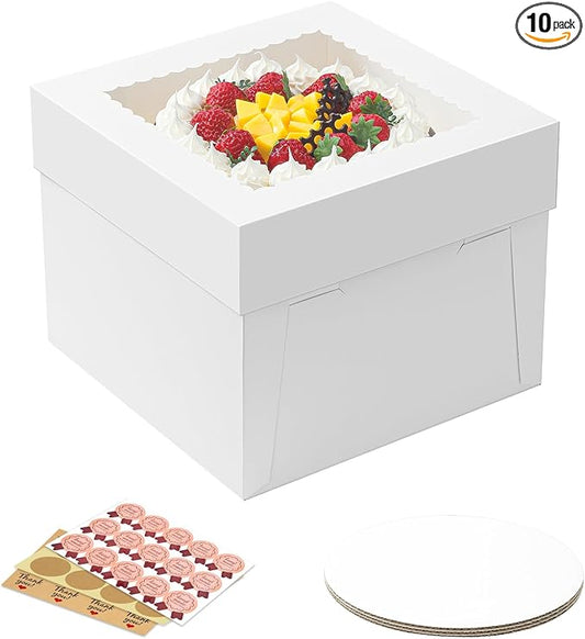 10 Pack Cake Boxes, 10x10x8 Inches Tall Cake Box with Cake Boards, White Bakery Boxes with Window, Disposable Cake Containers with Lids for Cake, Donuts, Pies, Cookies, Wedding, Birthday, Party
