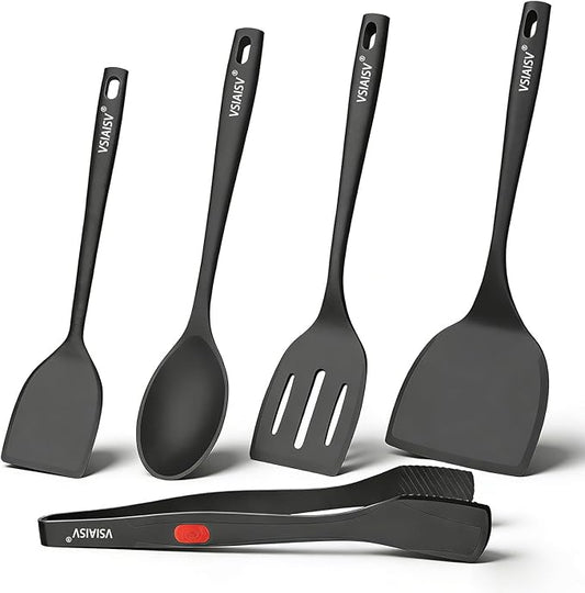 5 Pack Silicone Kitchen Cooking Utensils Set - Spatula, Turner, Tongs & Spoons for Nonstick Cookware, 600°F Heat Resistant, Non Toxic, Dishwasher Safe