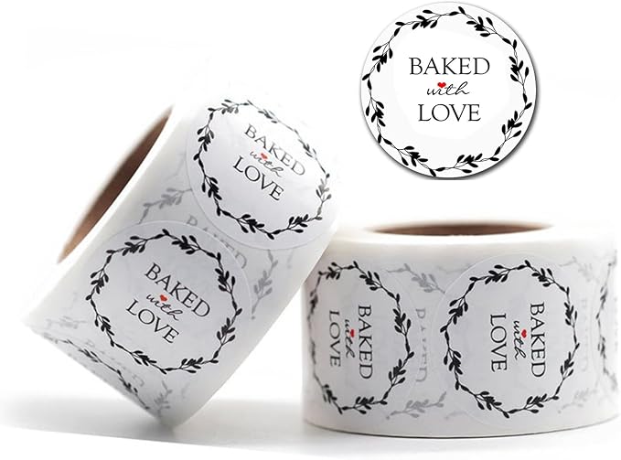 1000PCS Baked with Love Stickers for Baked Goods,1 Inch Small Round White Red Heart in Baking Floral Stickers Label Bakery Sticker for Packaging Canning Bottles,Cookie Bags