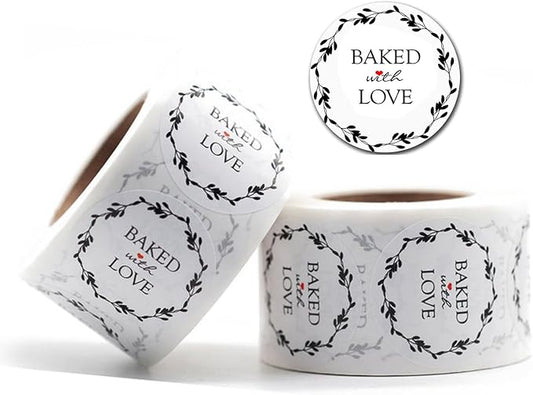 1000PCS Baked with Love Stickers for Baked Goods,1 Inch Small Round White Red Heart in Baking Floral Stickers Label Bakery Sticker for Packaging Canning Bottles,Cookie Bags