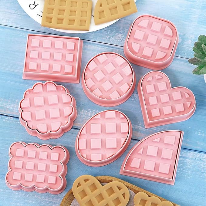 Mini Waffles Round Cookie Cutters, 8pcs 3d Classic Raised Design Cookie Stamps, Triangle, Rectangle, Square, Heart, Oval, Mini Pie Cookie Molds, Circle Cookie Cutter Set for DIY Baking (Waffles)