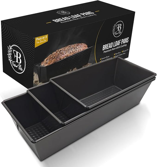 Fusion Bliss Premium 3-Piece Bread Loaf Pan Set – Nonstick Carbon Steel Loaf Tins for Baking – Rectangular Meatloaf Pan, Banana Bread Pan & Cake Mold – Heavy Duty Oven Bakeware