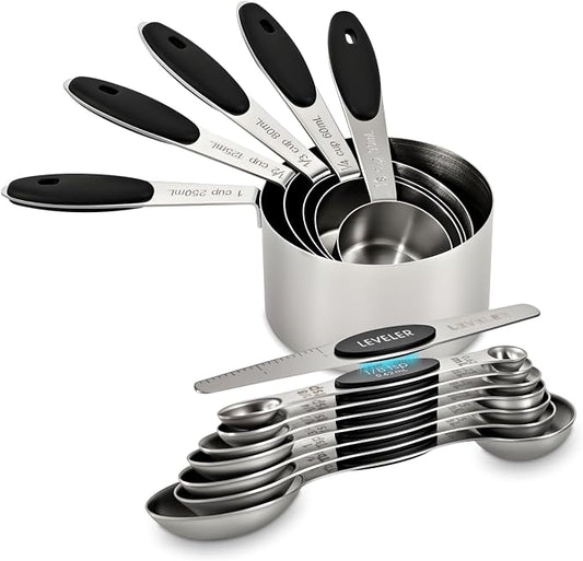 13-Piece Magnetic Measuring Spoons and Cups Set, Stainless Steel Kitchen Measure Tools with Silicone Handles, Nesting Dry and Liquid Measuring Cups for Baking Cooking (Black)