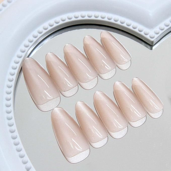 30Pcs French Press on Nails Short Almond ZWENJIE Cat Eye Fake Nails Press ons Nail Tips Stick on Nails Glossy Acrylic Nails Kit False Nails with Blush Pink Design Nail Art for Women Glitter Manicure