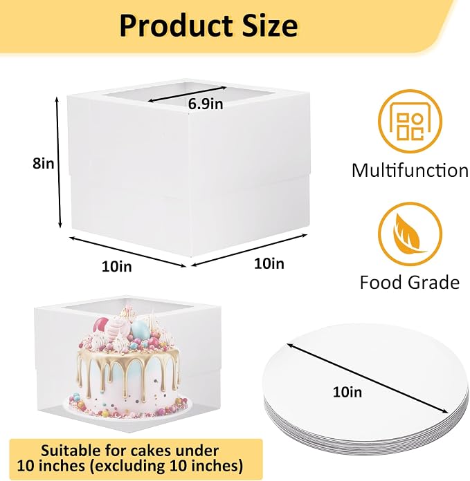 Moretoes 15 Sets Cake Boxes, 10x10x8 Inches Tall Bakery Boxes with Cake Boards, White Square Carrier with Window Cajas Pasteles for Cakes, Valentine's Day, Mother's Day