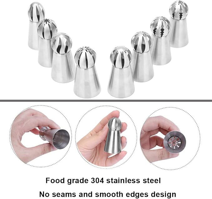 Russian Piping Tips 8 Pcs/Set, Messar Stainless Steel Russian Piping Ball Tips Frosting Icing Piping Nozzles Set Flower Cake Decorating Tips Kit for DIY Baking Cake Decorating Supplies (8 Pcs)