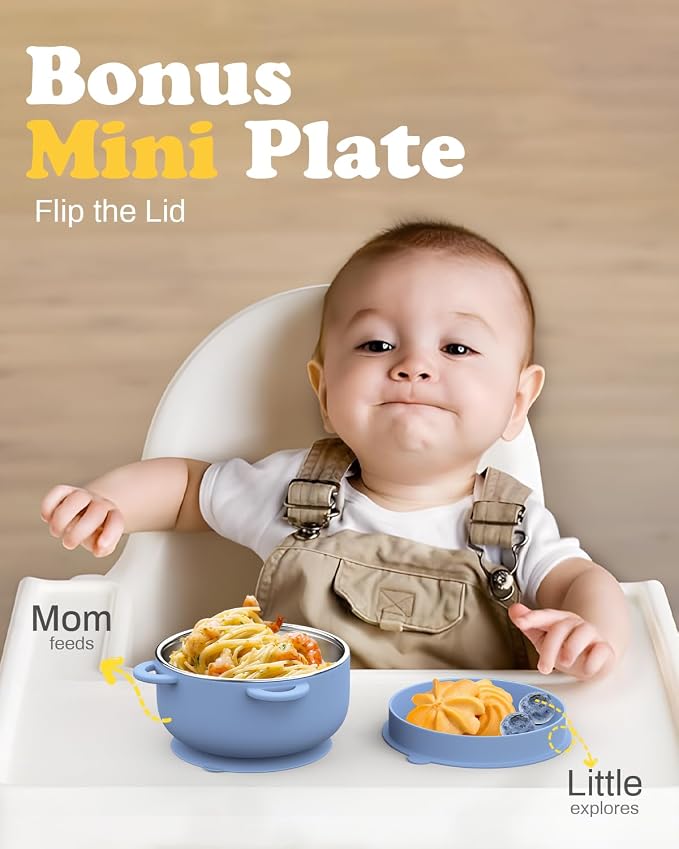 Bakpoco Baby Suction Bowls with Lids 4-Pack, 2-in-1 Stainless Steel 304 Toddler Bowl & Removable Silicone Suction Kids Bowl Plate Set Non Toxic Snack Dishes for Self-Feeding, Sunrise Meadow