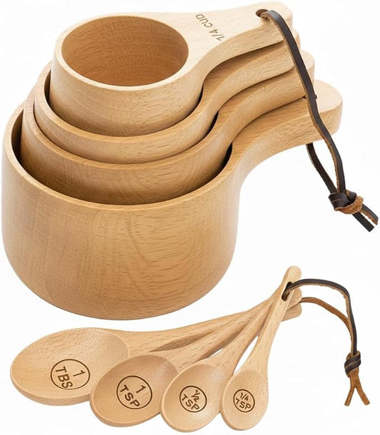 Wooden Measuring Cups and Spoons Set - Eco-Friendly Solid Acacia Wood, Laser Engraved Measurements, Perfect for Baking & Cooking - Ideal for Bakers (8-Pc Beechwood Cup & Spoon Set)