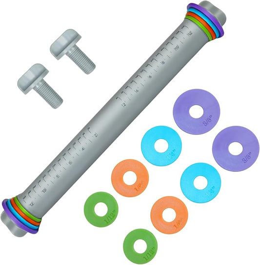 Adjustable Rolling Pin with Thickness Rings, Silicone Dough Roller | 4 thickness rings, Non-stick silicone surface, Stainless steel core, 12.8" rolling pin, For pizza pastry cookie baking