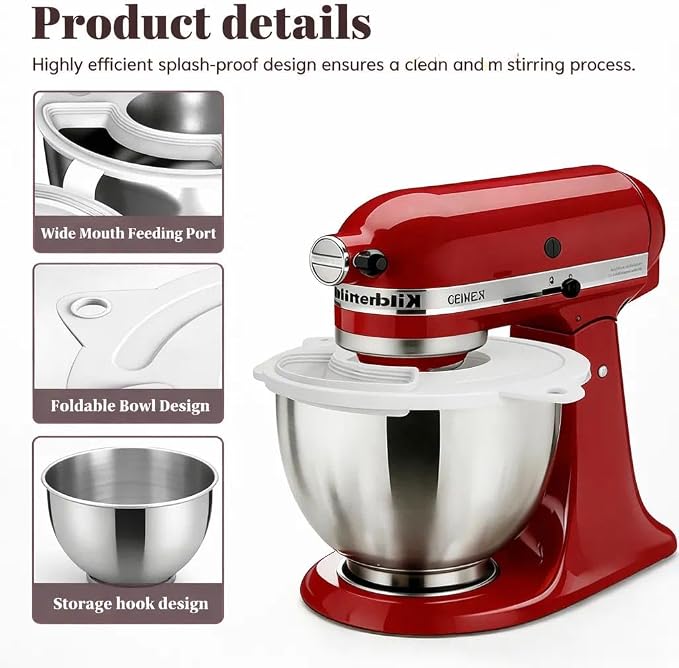 Silicone Mixer Bowl Cover for KitchenAid 4.5–5 Qt Tilt-Head Stand Mixer, Splash Guard Lid with Foldable Measuring Cup & Sealing Plug, Bowl Cover for Dough Proofing & Mixing, KitchenAid Mixer Accessori