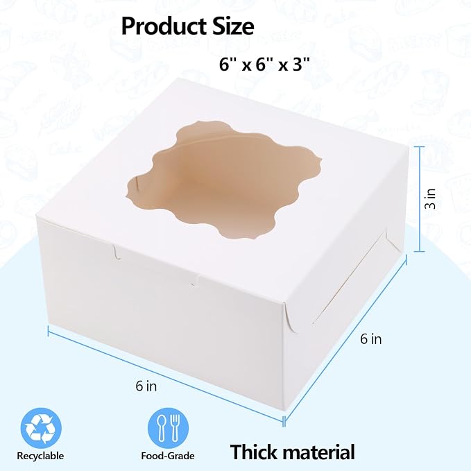 20 Pack Cookie Boxes with Window, 6x6x3 Inches White Bakery Boxes for Treats, Pastries, Desserts & Chocolate Strawberries, Baked Goods Packaging for Holiday Gift Giving