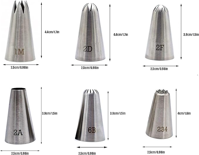 Cake Decorating Icing Piping Tip Set,6 Large Decorating Tips #1M 2A 2D 2F 6B 234, Stainless Steel Pastry Tips Frosting Tips Nozzles for Cupcake Cake Cookie decro