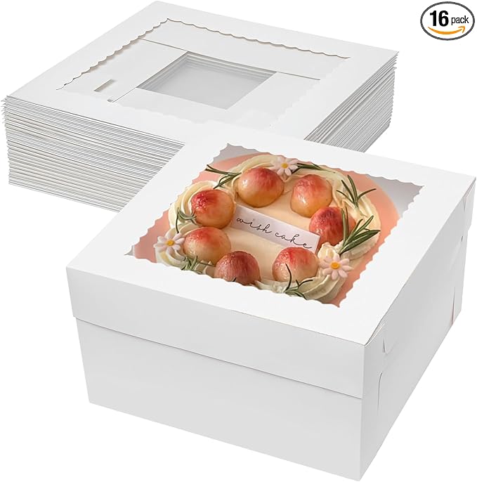 Mcfleet 12x12x6 Inch Cake Boxes 16pcs Bakery Boxes for Tier Cakes with Window 12 Inch White Large Tall Cardboard Bakery Take Out Carrier Containers with Lids for Wedding, Birthday, Party
