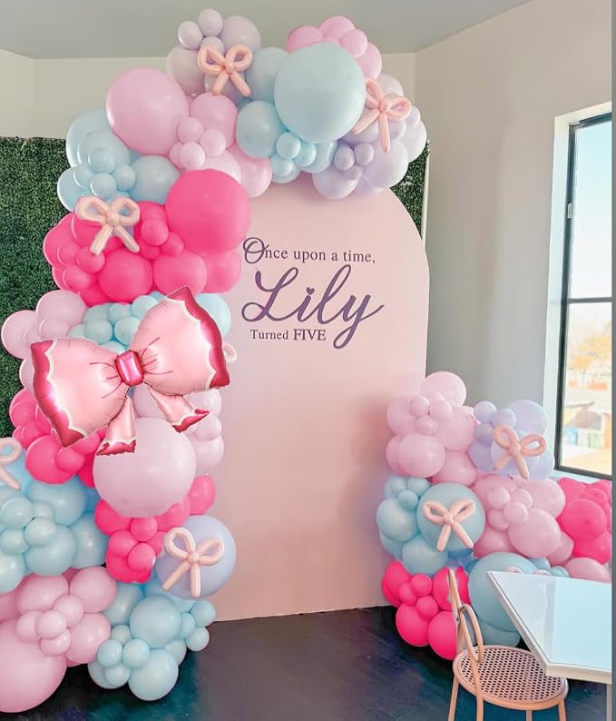 Kawaii Carton Cat Balloon Garland Arch Kit, 152Pcs Pastel Pink and Hot Pink Metallic Purple Balloons with Bow Foil Balloon for Baby Shower Supplies Girl Birthday Cat Theme Princess Party Decorations