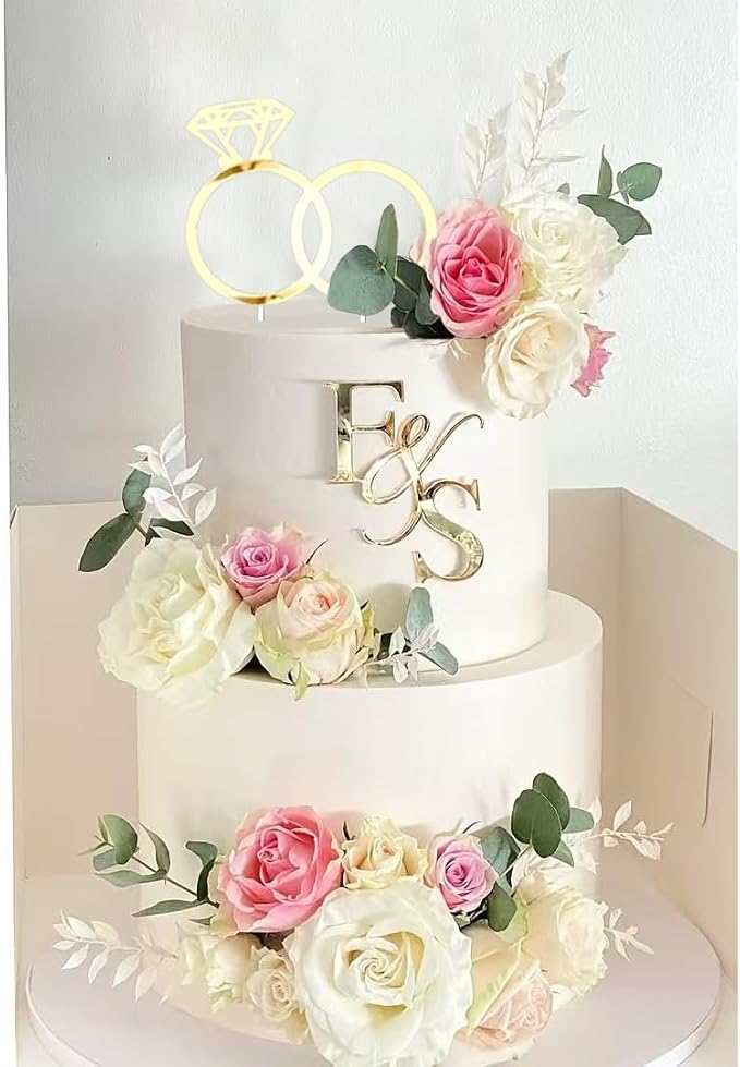 Wedding Cake Topper Diamond Ring Cake Topper with 26 Letter | Personalize Bride and Groom Initial Sign