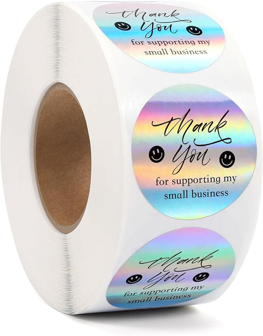 1000 PCS Holographic Thank You Stickers for Small Business | 1.5 Inch, Self-Adhesive Waterproof Labels, Smile Design Stickers, Envelope Seals for Packaging, Gift Bags, Boxes