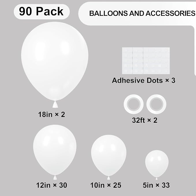 Voircoloria 90pack White Balloons Different Size 18/12/10/5 Inch Pearl White Balloon Garland Arch Kit for Wedding, Birthday, Graduation, Bridal Shower, Baby Shower, Bachelorette Decorations