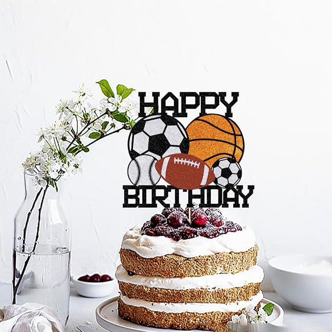Sports Happy Birthday Cake Topper， | Boys and Girls Sport Theme Party Decoration，Football basketball Rugby baseball Cake Decorations Birthday Decor for Sport