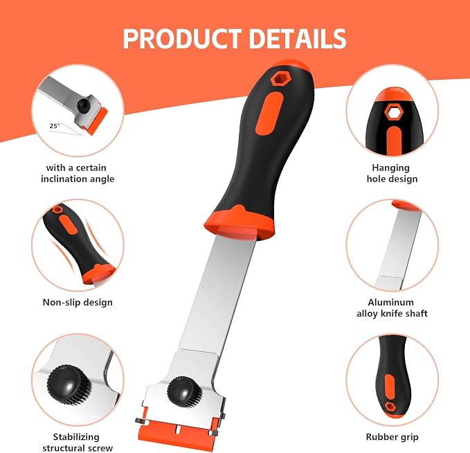 Ywmoml 3 Pack Razor Blade Scraper Set, Includes 30 Plastic & 30 Metal Blades, Multi-Purpose Tool for Glass, Cooktop, Sticker Removal, Paint & Gum Cleaning (Orange)