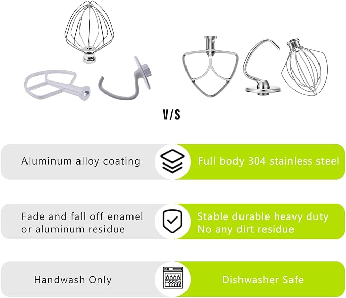 Stainless Steel Stand Mixer Attachments 3-Piece for KitchenAid 4.5-5 Qt Tilt Head Stand Mixer. Includes 6 Wire Whisk, Flat Beater, Dough Hook for KitchenAid 4.5-5 Qt Mixer Bowl