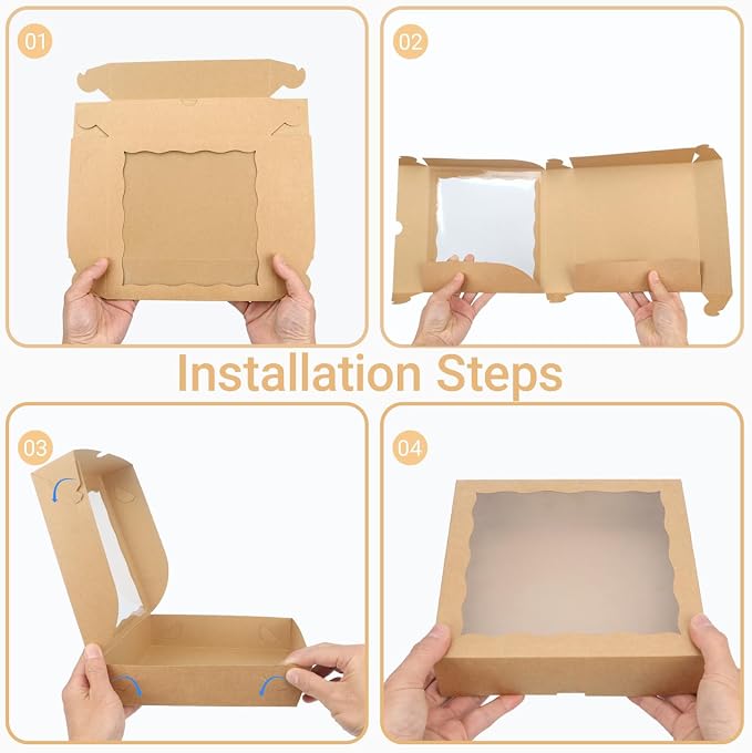 TEMLQPACK 25pcs 9x9x2.5 Inches Brown Bakery Boxes with Window for Cookies, Macaron, Chocolate Covered Strawberries, Mini Cake, Truffle, Brownie, Donut, Small Treat