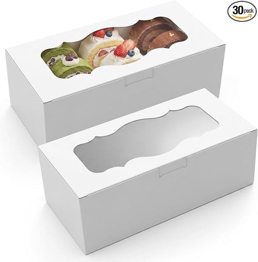 30Pcs White Cookie Boxes with Clear Window, Sturdy Loaf Cake Boxes for Roll Cakes, Desserts, Muffins, Donuts, Candies, Pastries & Baked Goods Display and Gifting,9x4x3.5 Inch