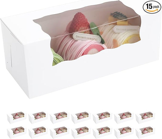 15 Roll Cake Boxes, White Bakery Boxes with Window, 9x4x3.5 inches Cookies Boxes Pumpkin Roll Container Donut Boxes Pastry Cake Packaging
