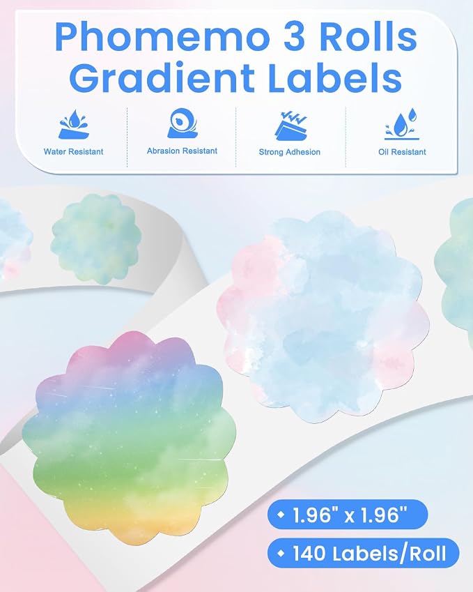Phomemo Thermal Labels - 3 Rolls Gradient Color M110 Labels for M110/M220/M221/M120/M200, 1.96"x1.96" (50x50mm), 140 Labels for Small Business/Home Use, Barcode, Address, Logo