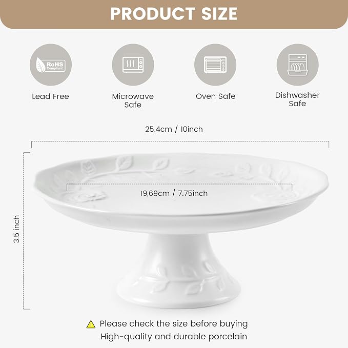 Wedding Cake Stand , 10 inch White Cake Stand Round Porcelain Embossed cake plate, Elegant Cupcake Stand for Dessert Table Display For Party,Baby Shower,Christmas, Home Decorating