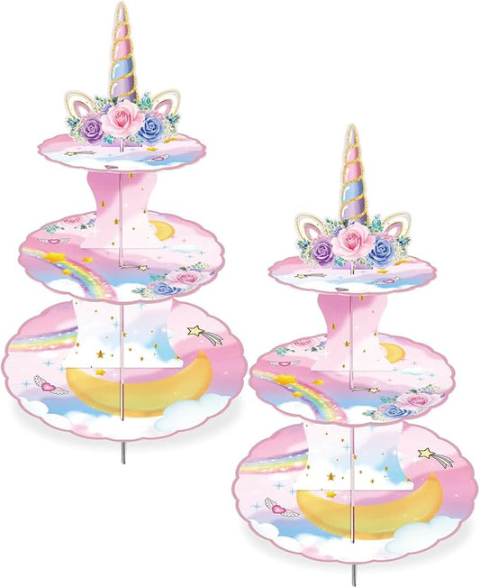 2 Pack Unicorn Cupcake Stands Birthday Decorations: 3-Tier Unicorn and Rainbow Theme Party Supplies Cake Stand Toppers for Girls Kids - Suitable for 48pcs Cupcakes Pink Table Decorations
