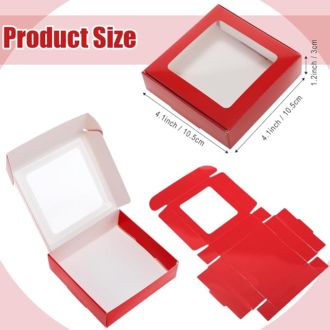 Zonon 60 Pcs Kraft Paper Boxes with Window 4.13 x 4.13 x 1.18 Inch Candy Packaging, Small Gift Boxes, Soap holder, Mini Treat Packaging for Bakery Chocolate Jewelry Display (Burgundy)