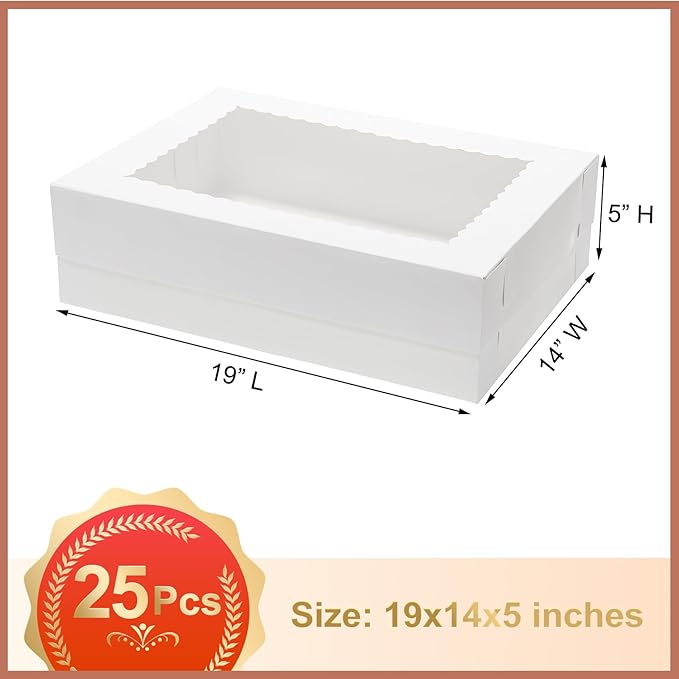 Mefleet 25pcs 19x14x5 Half Sheet Cake Boxes with Window Rectangle 1/2 Sheet Bakery Boxes for Pastry Baking Cake, Cupcakes, Donuts, Cookies, Pie Treat Packaging White Large