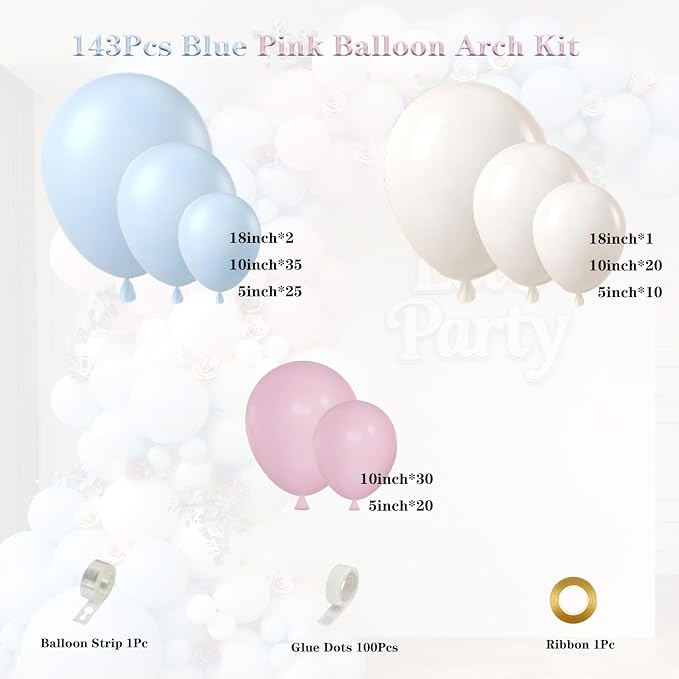 Pink and Blue Balloon Garland Arch Kit 143Pcs Pink White Blue Latex Balloons for Boys Girls Gender Reveal Birthday Party Decoration