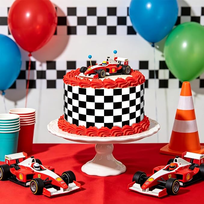 6Pcs Edible Cake Borders, 11x2.44in Black White Checkered Race Car Theme Birthday Cake Decorations Pre-Cut Rice Wrap Paper Strips Decor for Racing Theme Image Party